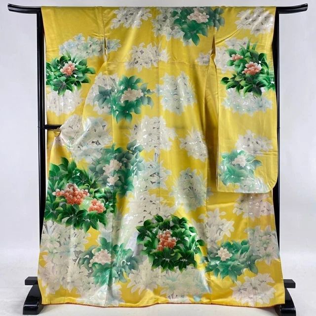 Japanese Kimono Furisode Pure Silk Flower Snow-Colored Silver Thread Yellow
