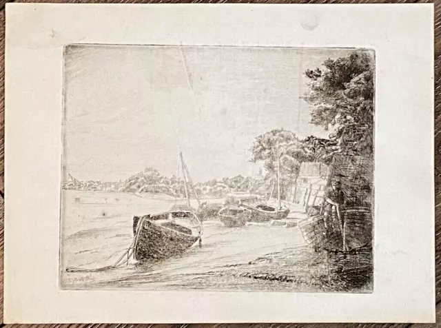 Small Antique Seascape Signed European Print Boat Etching WILLIAM ROBERT HAY