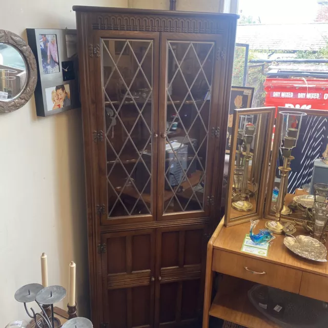 Old Charm Corner Oak Leaded Glass Cabinet Display Book Case Cupboard Rustic