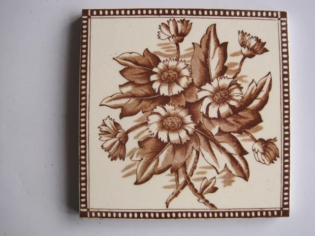 ANTIQUE VICTORIAN H A OLLIVANT TRANSFER PRINT FLORAL WALL TILE No. 399 - c1890