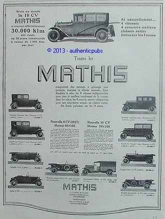 Publicite Automobile Mathis Conduite Interieure Spider Torpedo De 1926 French Ad