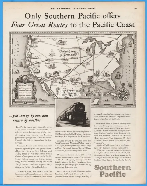 1928 Southern Pacific Railroad Four Great Routes Shasta Sunset US Map Train Ad