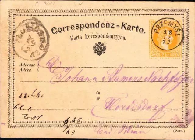 Österreich 1872 -2 Kr. gelb sehr klar "Przemysel"      (#8744)