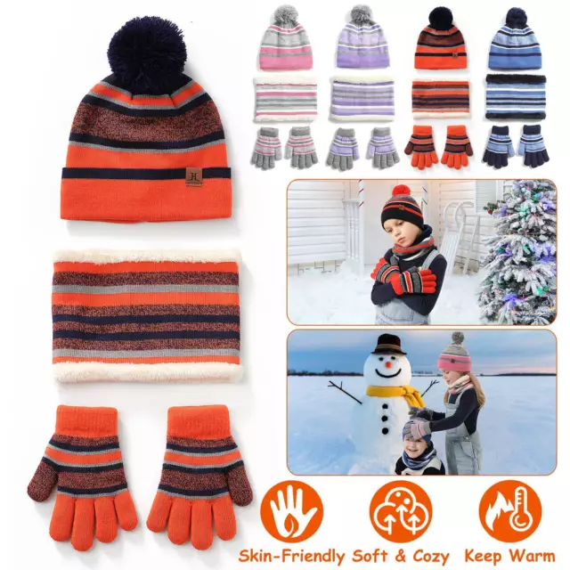 For 4-7-Year-Old Kids Knitted Hat Scarf Gloves 3X Winter Warmer Set Soft NEWEST