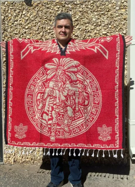 Mexican Poncho ,Calendario Azteca , Sarape , Reversible , Gaban , Red & Tan