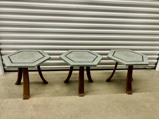 Set Three (3) Harvey Probber Mid-Century Bronze Inlay Hexagonal End/Side Tables