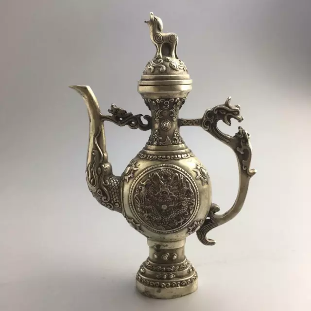 Chinese Decorative Old Tibet Silver Handwork Carved Dragon Wine Pot Teapot A