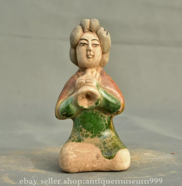 5" Old Chinese palace Tang Sancai pottery porcelain blowing suona girl Statue