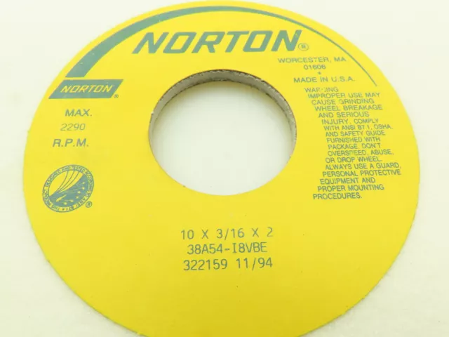 Norton 10 X 3/16 X 2 38A54-I8VBE Grinding Wheel 2290 RPM Max 322159 11/94 2" ID 2