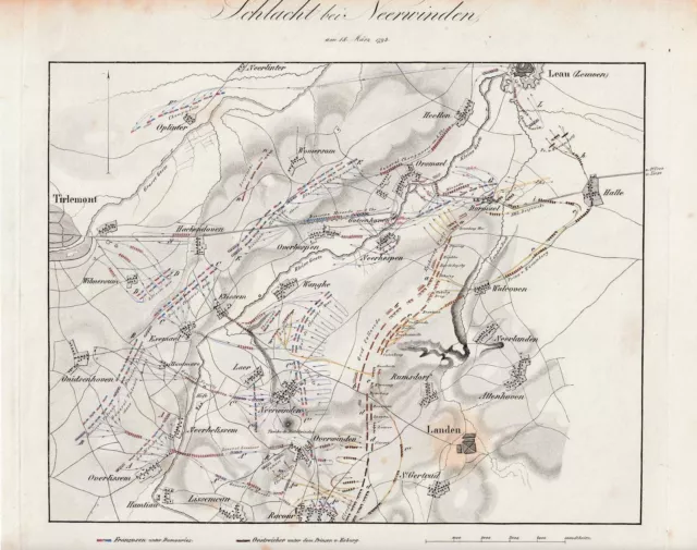 c1840 Schlacht bei Neerwinden 1793 Koalitionskrieg Schlachtplan Stahlstich-Plan