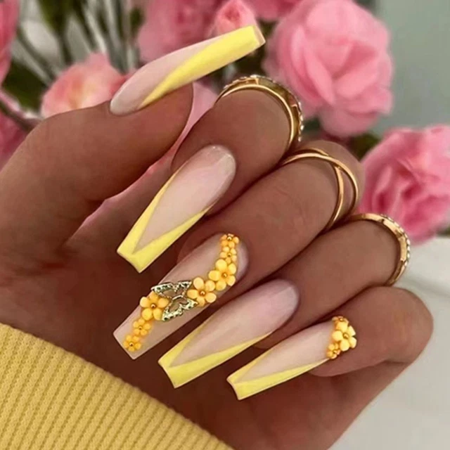 Cover French Ondulata Bara Fai Da Te Lunga Fiore Giallo Unghie Finte Amore Cuore