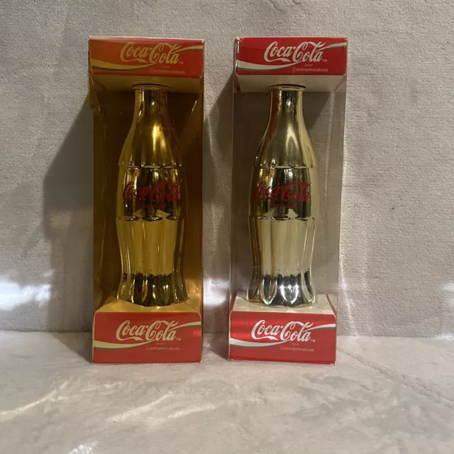 TWO Coca Cola Commemorative Gold / Silver Glass Bottles ~ 1994