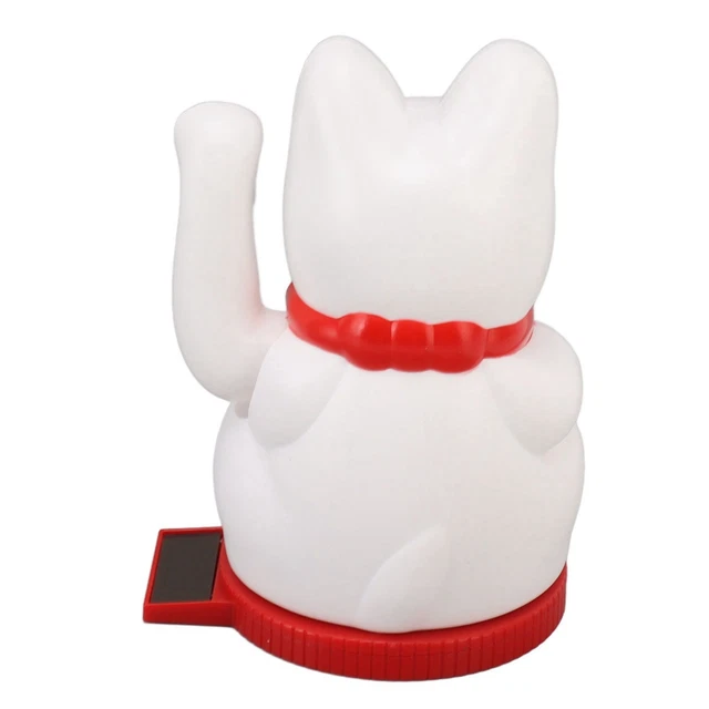 White Waving Arm Lucky Cat Solar Powered Light Sensing Rotatable Base Decoration