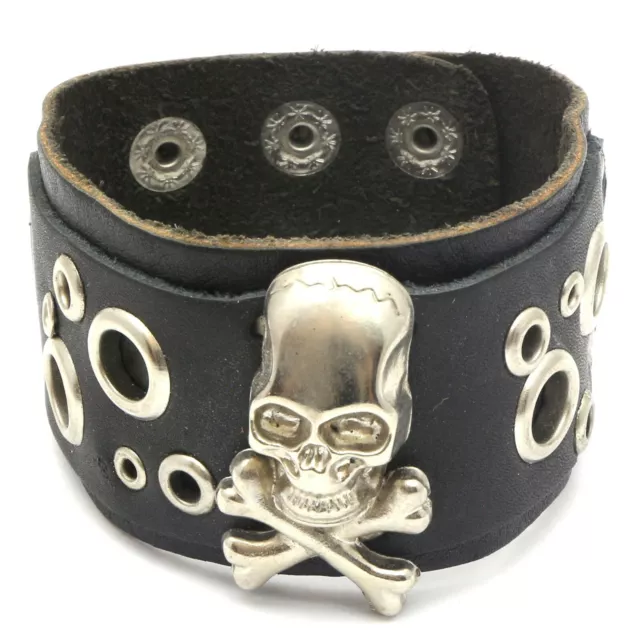 Black Leather Snap Button Bracelet Metal Crossbones Skull & Circle Bubble Design