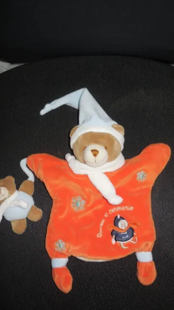 DOUDOU ET COMPAGNIE marionnette ours Firmin orange flocons hiver + bébé