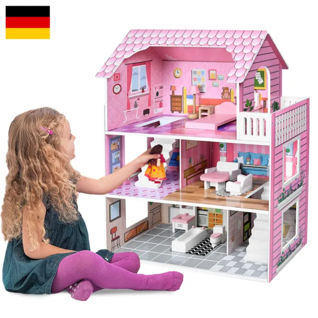 Kinder Puppenstube Dollhouse Puppenhaus aus Holz 3 Etagen mit Möbeln Spielzeug