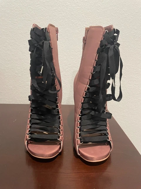 Steve Madden "Fuego" Lace-up peep toe booties. Size 6B. Pink with Black Lace