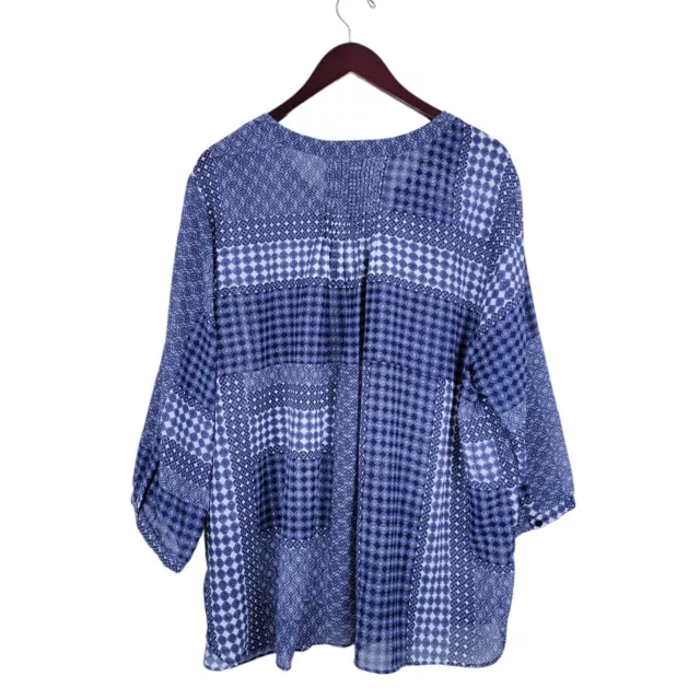 NYDJ Blouse Top Shirt Women 2X Blue Printed 3/4 Sleeve Pleated Back Button Front 2