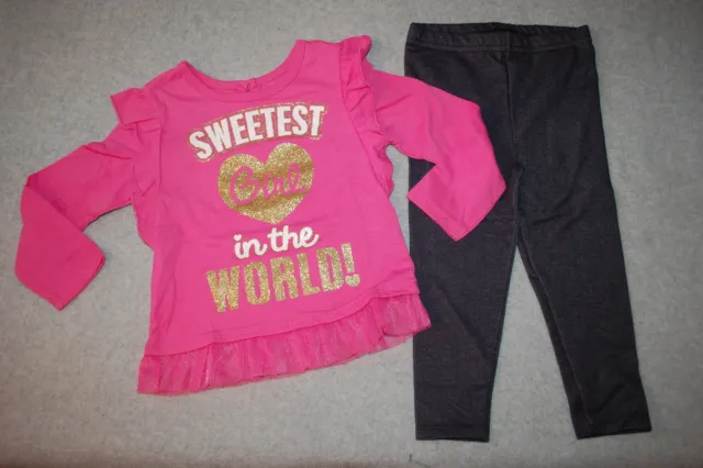 Toddler Girls L/S Pink Shirt SWEETEST GIRL IN THE WORLD Denim Look Leggings 2T