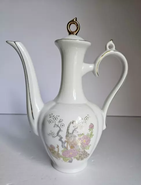 VINTAGE ASIAN Porcelain SAKE TEA POT PEACOCK & FLORAL Design Gold Trim No Chips