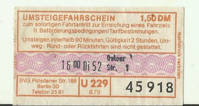 Fahrkarte Berlin, Fahrschein, Umsteigefahrschein U 229