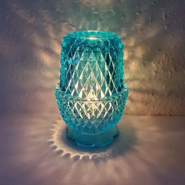 Vtg Indiana Glass Fairy Lamp Cobalt Blue Diamond Point Tealight Candle Votive