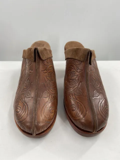 SALPY Handmade Shoes Clogs Brown Tooled Leather Mules Slides Slip On Size 6.5