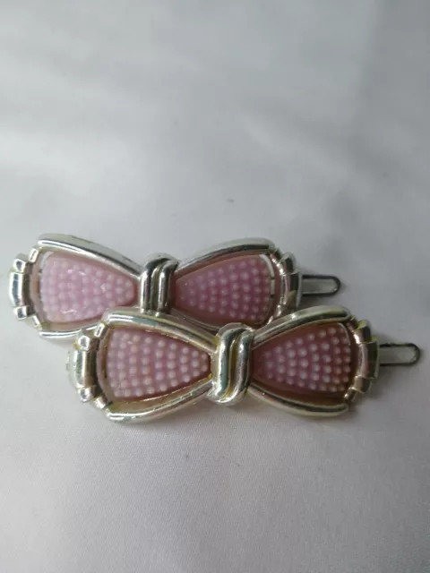 Pair of Vtg 1970's Hair Clip Barrettes PINK BOW Silver Trim Plastic Metal GOODY