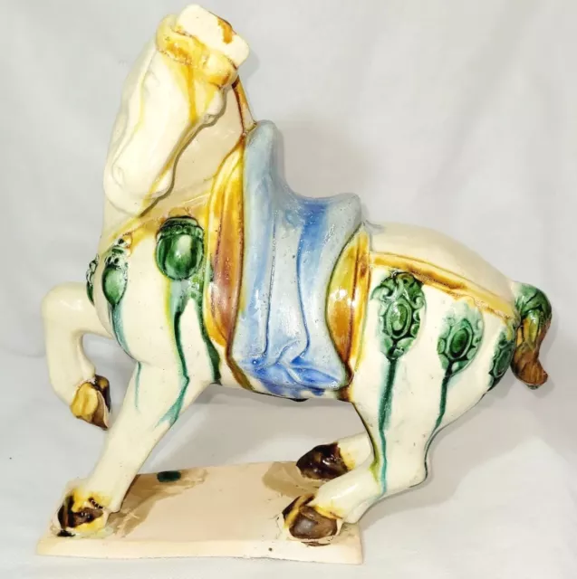Vtg 10" Stamped Chinese Tang Dynasty Style Sancai Glazed Ceramic Horse Statue