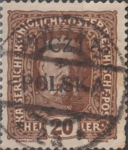 USED 1919 POLAND 20 Hel Krakow Issue Stamp POLSKA POCZTA Overprint Austria BROWN