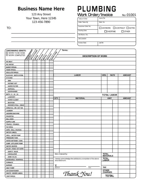 Plumbing Invoice Work Order Forms - 3 Part Carbonless - 8.5 x 11 - TMG106