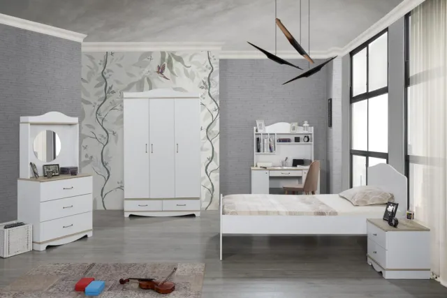 Diseño cama mesita de noche habitación juvenil habitación infantil juego muebles blanco 5 piezas