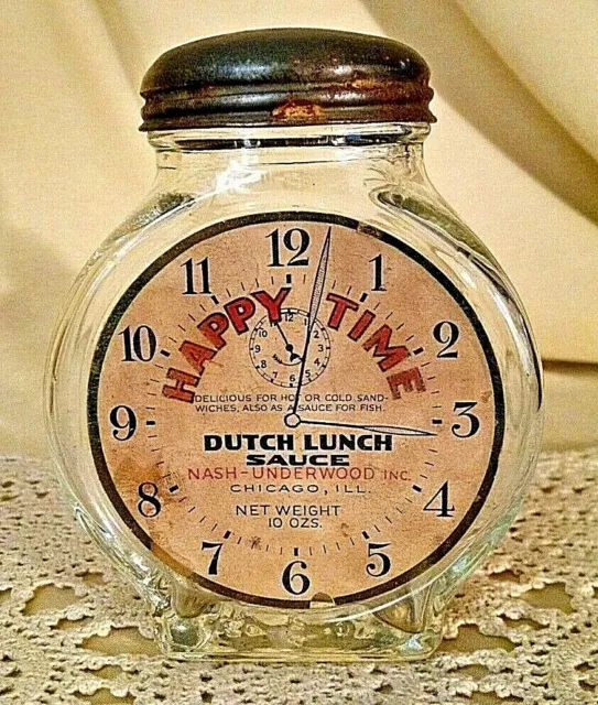 Happy Time Dutch Lunch Sauce Glass Jar Domed Metal Lid Nash Underwood Clock.