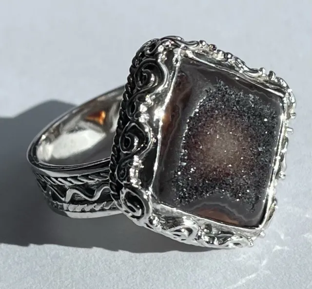 ❤️ Vintage Druzy quartz 925 sterling silver ring, Heavy, Large Stone, Size P