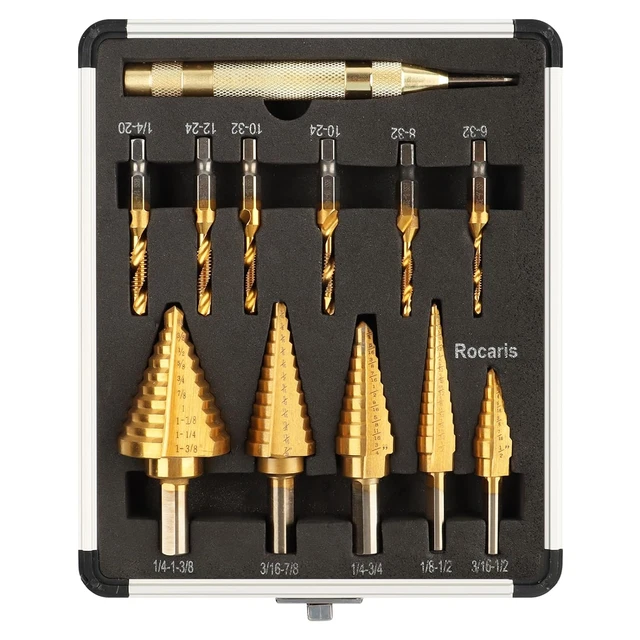 5 Pack Step Drill Bit Set & 6 Pack Tap Bit Set, 4241 Titanium Coated, 50 Sizes o