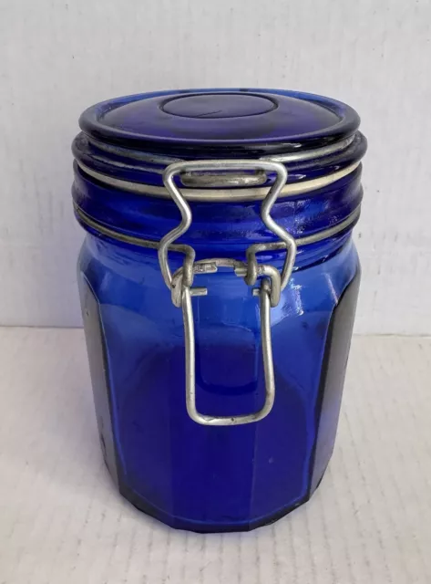 Pre-owner Cobalt Blue Glass Jar Canister With Wire Bail Seal Lid 5 3/4” H