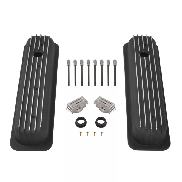 Black Short Finned Valve Cover For Small Block Chevy Vortec 5.0 5.7 350 87-97