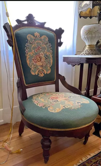 Antique Victorian Eastlake Needlepoint & Velvet Parlor Chair