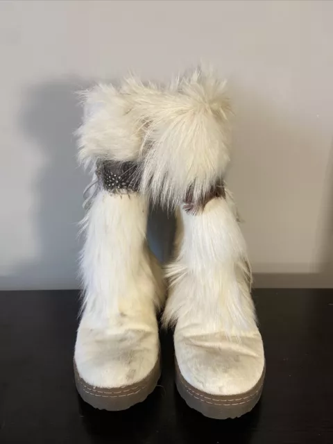 BearPaw KOLA Sz 7 Calf Sheep Skin Goat Fur Boots White