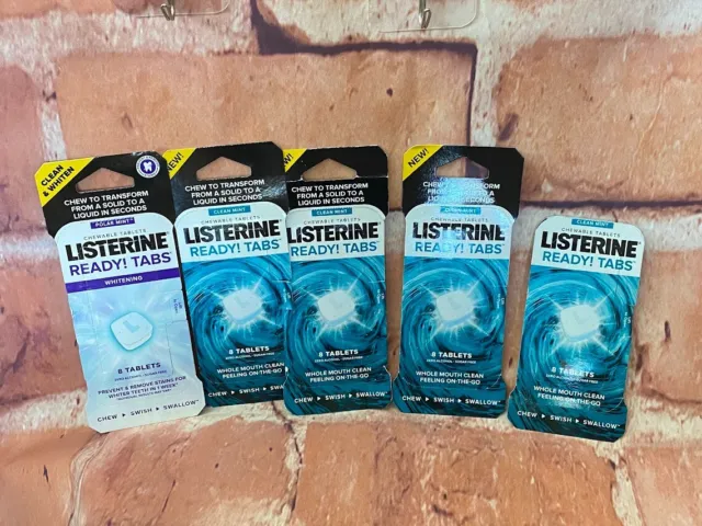 Lote de 5 tabletas de respiración masticables Listerine Ready Tabs limpias como nuevas 8 unidades cada una