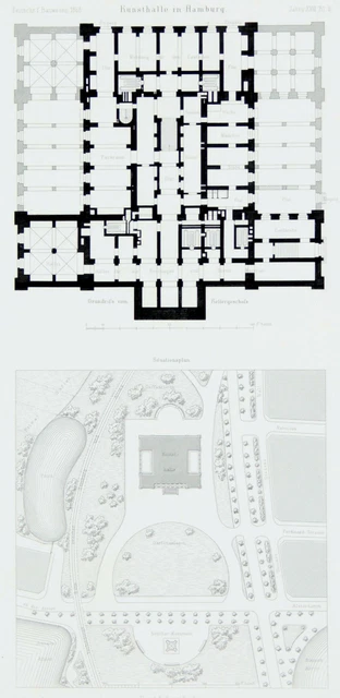 HAMBURG - Zeitschrift für Bauwesen - Kunsthalle, Plan - Kupferstich, 1868