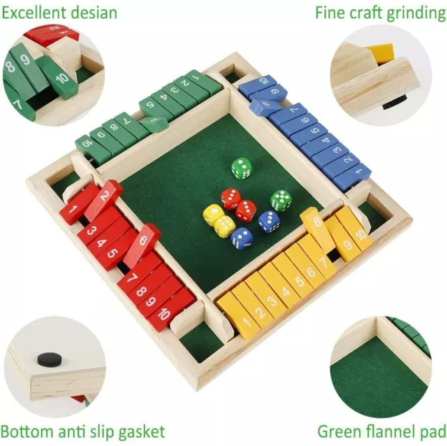 Wooden Shut The Box 4 Players Family Traditional Pub Dice Kids Puzzle Board Game