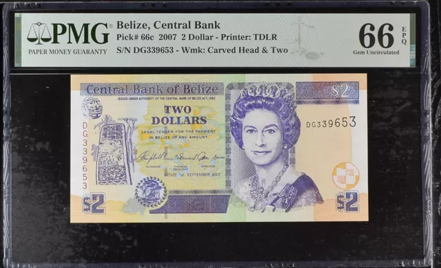 Belize 2 Dollars 2007 P 66 c Gem UNC PMG 66 EPQ NR