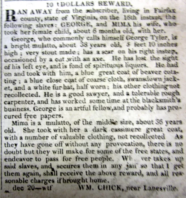 1821 Washington DC newspaper w 2 Female RUNAWAY SLAVE ADS fm MARYLAND & VIRGINIA 3