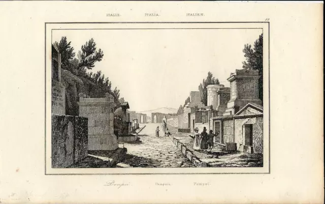 Stampa antica Veduta di POMPEI Napoli 1845 Old antique print