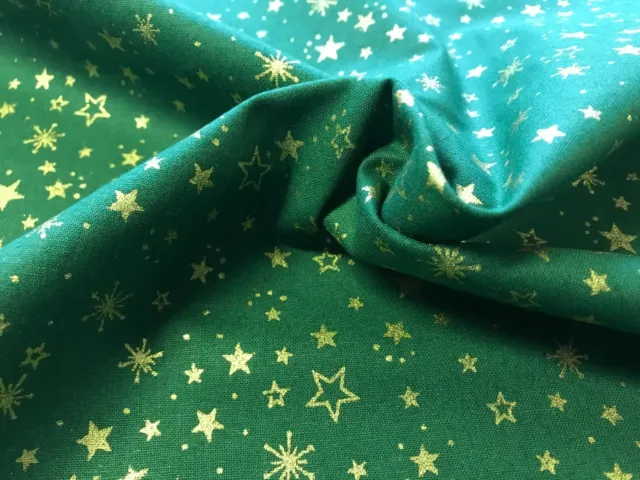 Christmas Green Shiny  Gold Metallic  Stars 100% Cotton Fabric Material  Craft