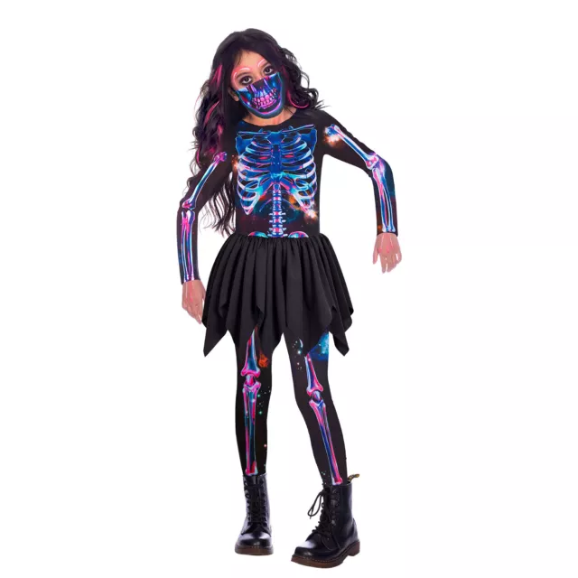 Childs Neon Skeleton Costume + Mask New Fancy Dress Halloween Kids Girls Outfit