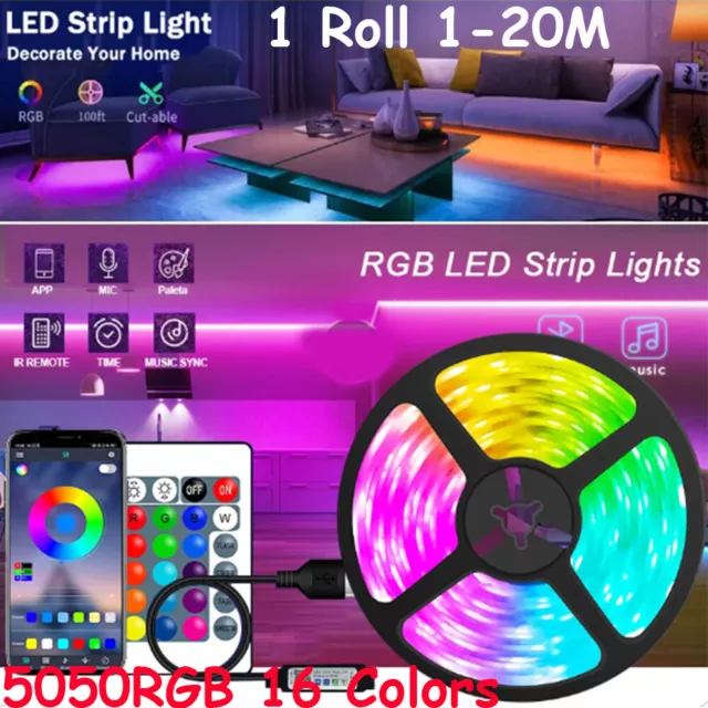 20M LED Strip 5050 RGB Lights Colour Changing Tape Cabinet Kitchen Xmas Lighting