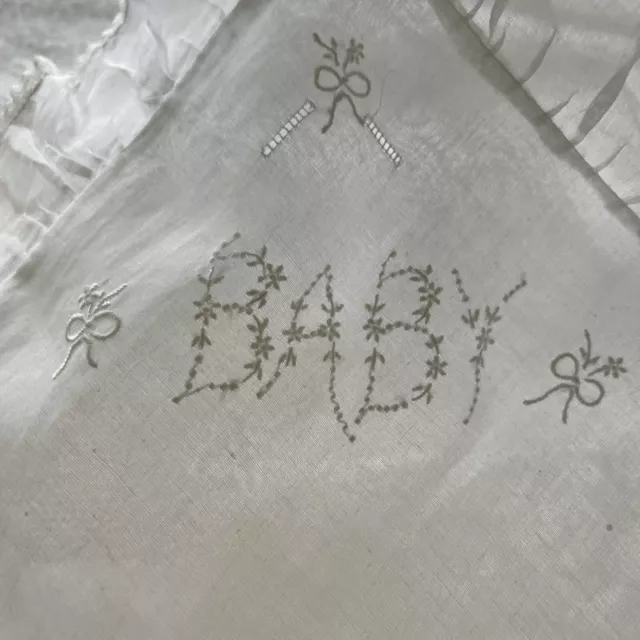 Sheer White Embroidered Baby Pillow Sham Tiny Buttons & Lace Vintage 16x20