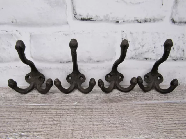 Lot 4 Antique-Style Rustic Triple Hook School Coat Hooks Cast Iron Wall Mount